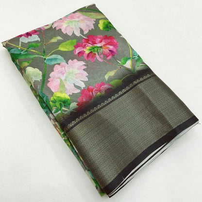 Generic Women's Cotton Silk Floral Printed Saree With Unstitched Blouse 5.5Mtr (Grey)