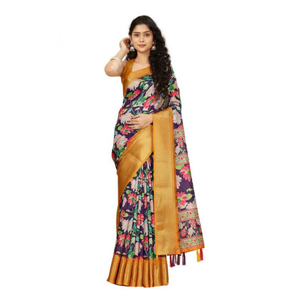Generic Women's Cotton Silk Floral Printed Saree With Unstitched Blouse 5.5Mtr (Purple)
