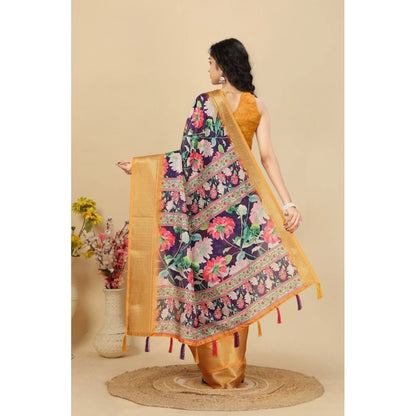 Generic Women's Cotton Silk Floral Printed Saree With Unstitched Blouse 5.5Mtr (Purple)