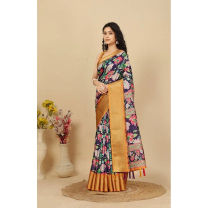 Generic Women's Cotton Silk Floral Printed Saree With Unstitched Blouse 5.5Mtr (Purple)