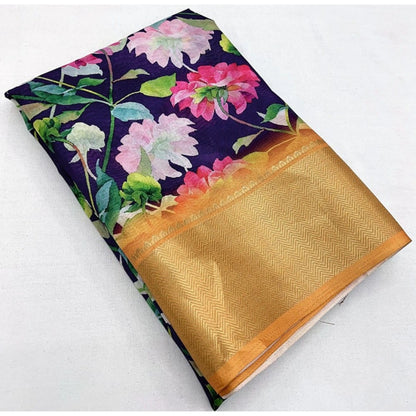 Generic Women's Cotton Silk Floral Printed Saree With Unstitched Blouse 5.5Mtr (Purple)