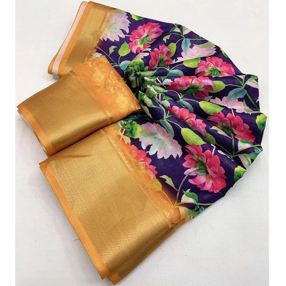 Generic Women's Cotton Silk Floral Printed Saree With Unstitched Blouse 5.5Mtr (Purple)