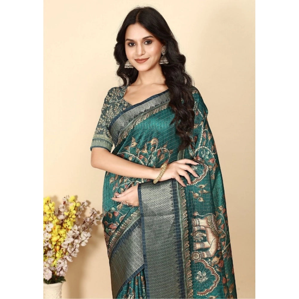 Generic Women's Cotton Silk Printed Saree With Unstitched Blouse 5.5Mtr (Teal)