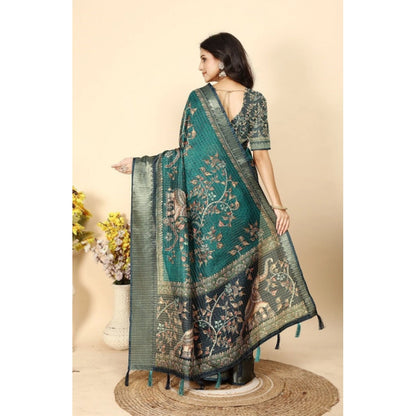 Generic Women's Cotton Silk Printed Saree With Unstitched Blouse 5.5Mtr (Teal)