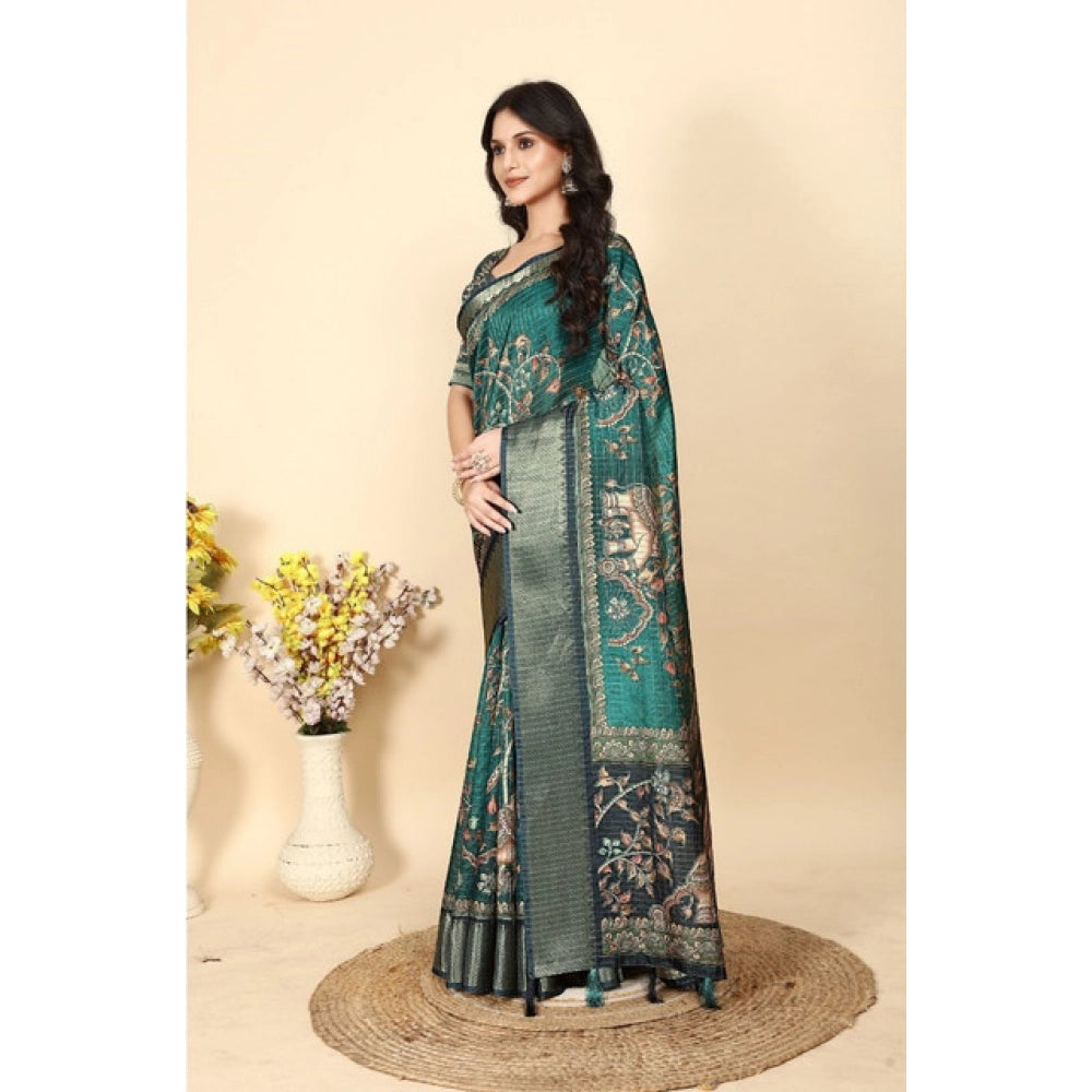Generic Women's Cotton Silk Printed Saree With Unstitched Blouse 5.5Mtr (Teal)