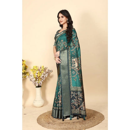 Generic Women's Cotton Silk Printed Saree With Unstitched Blouse 5.5Mtr (Teal)