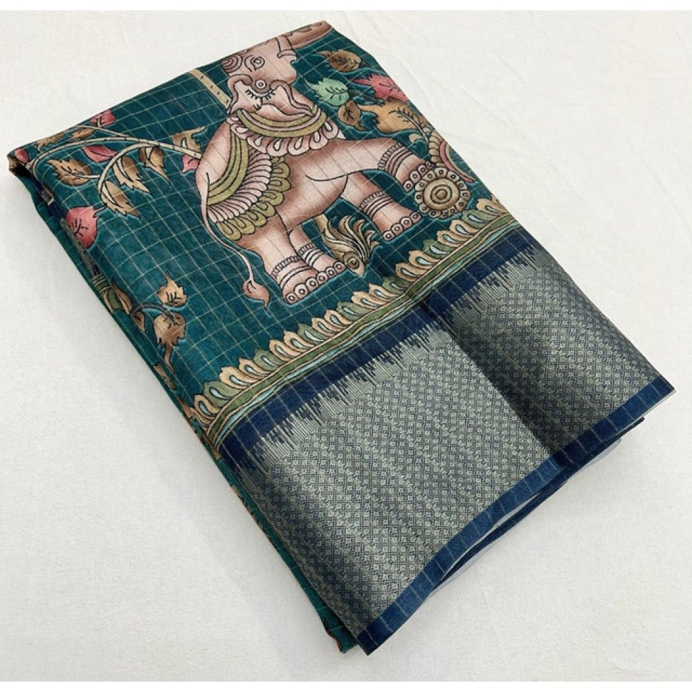 Generic Women's Cotton Silk Printed Saree With Unstitched Blouse 5.5Mtr (Teal)