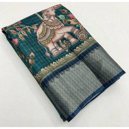 Generic Women's Cotton Silk Printed Saree With Unstitched Blouse 5.5Mtr (Teal)