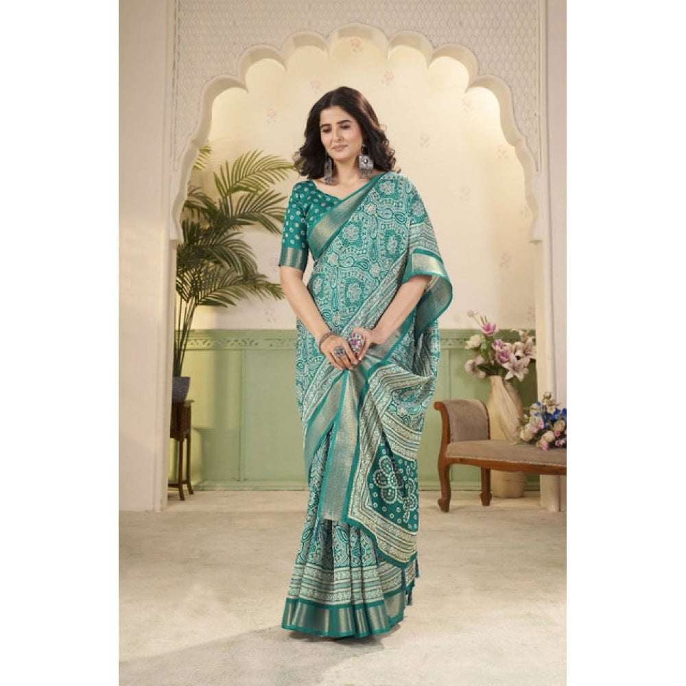 Generic Women's Cotton Silk Floral Printed Saree With Unstitched Blouse 5.5Mtr (Teal)