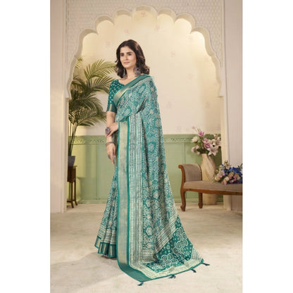 Generic Women's Cotton Silk Floral Printed Saree With Unstitched Blouse 5.5Mtr (Teal)