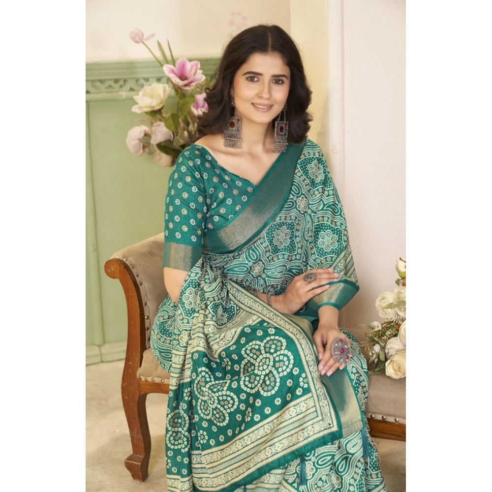 Generic Women's Cotton Silk Floral Printed Saree With Unstitched Blouse 5.5Mtr (Teal)