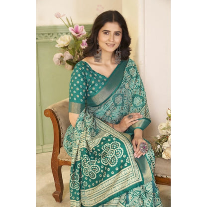 Generic Women's Cotton Silk Floral Printed Saree With Unstitched Blouse 5.5Mtr (Teal)