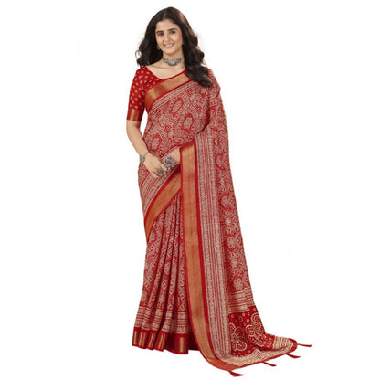 Generic Women's Cotton Silk Floral Printed Saree With Unstitched Blouse 5.5Mtr (Red)