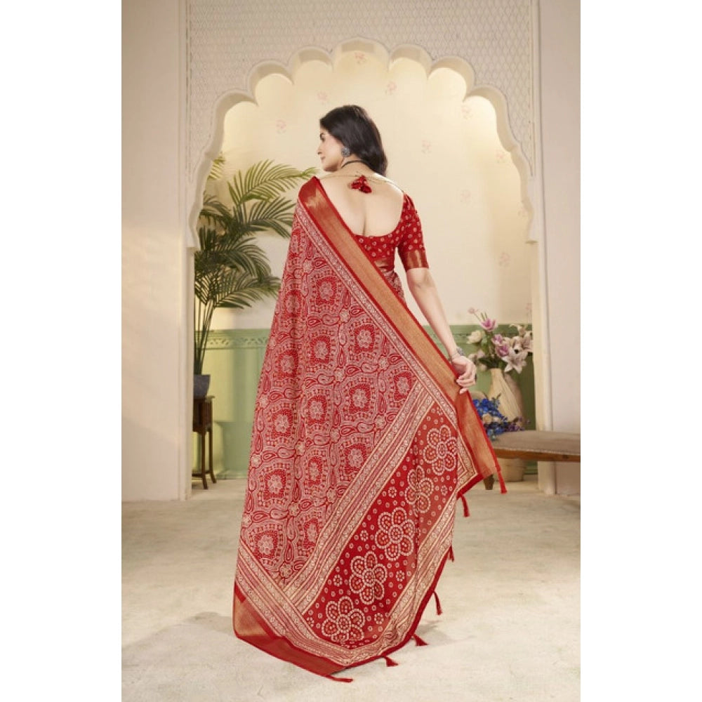 Generic Women's Cotton Silk Floral Printed Saree With Unstitched Blouse 5.5Mtr (Red)