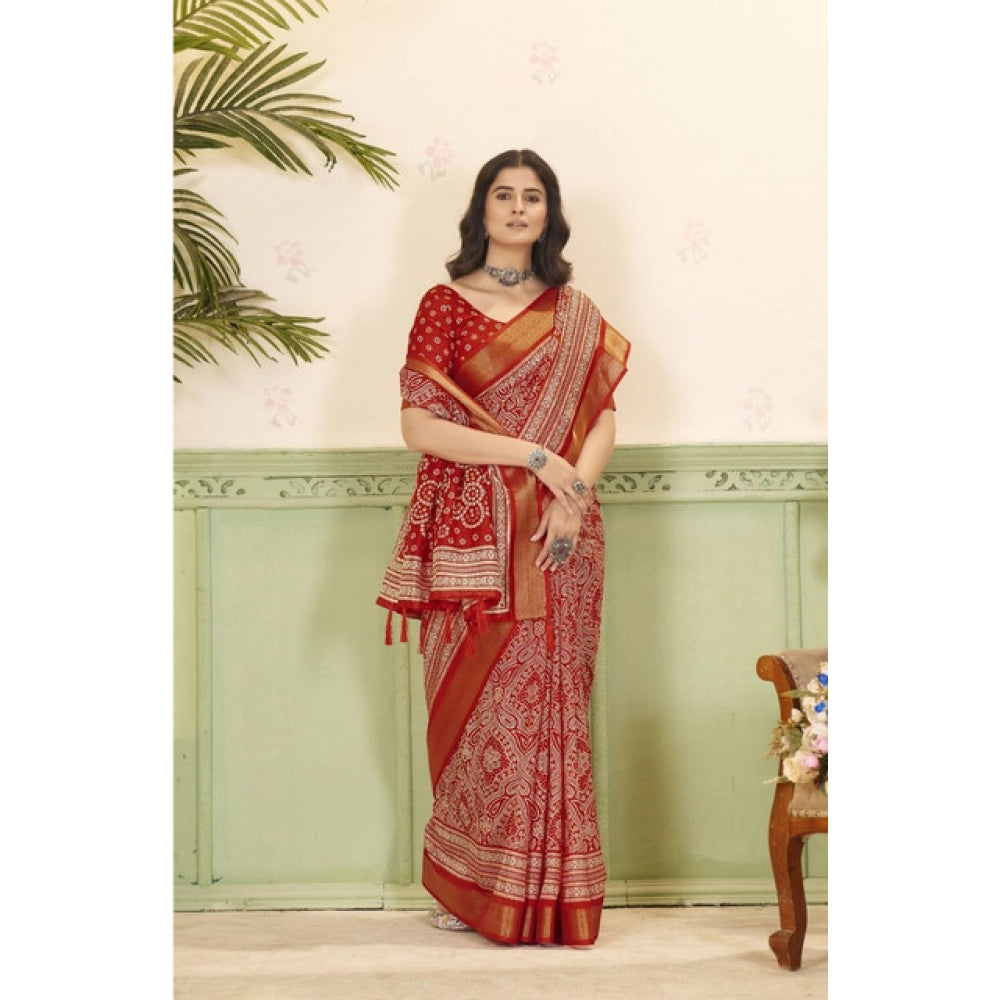 Generic Women's Cotton Silk Floral Printed Saree With Unstitched Blouse 5.5Mtr (Red)