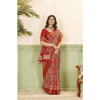 Generic Women's Cotton Silk Floral Printed Saree With Unstitched Blouse 5.5Mtr (Red)
