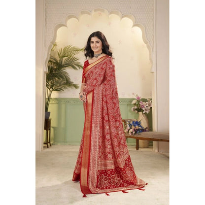 Generic Women's Cotton Silk Floral Printed Saree With Unstitched Blouse 5.5Mtr (Red)
