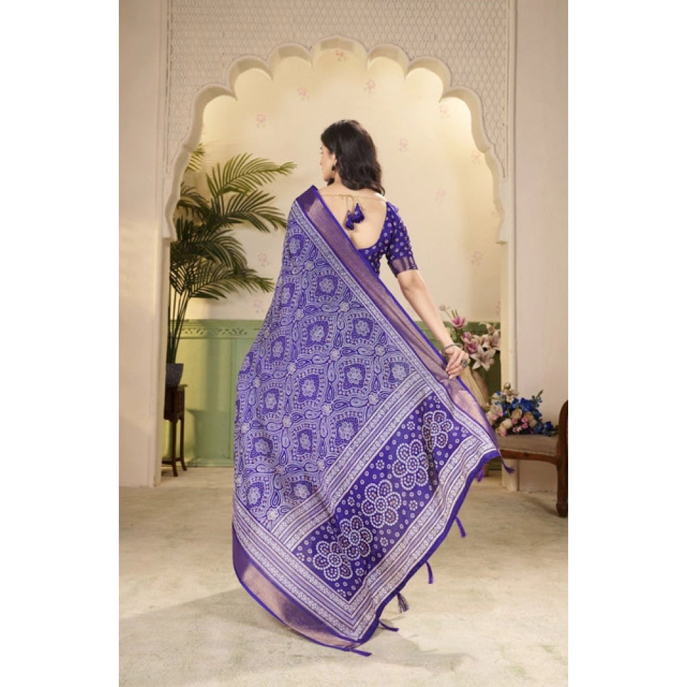 Generic Women's Cotton Silk Floral Printed Saree With Unstitched Blouse 5.5Mtr (Royal Blue)