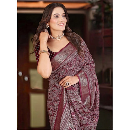 Generic Women's Cotton Silk Floral Printed Saree With Unstitched Blouse 5.5Mtr (Maroon)