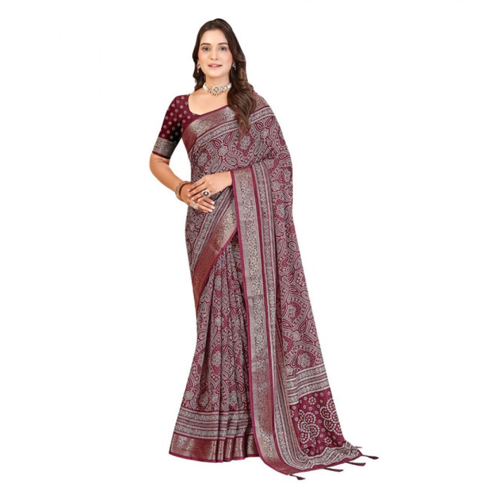 Generic Women's Cotton Silk Floral Printed Saree With Unstitched Blouse 5.5Mtr (Maroon)