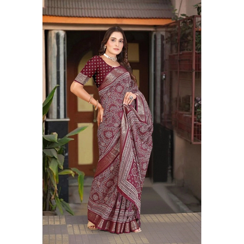 Generic Women's Cotton Silk Floral Printed Saree With Unstitched Blouse 5.5Mtr (Maroon)
