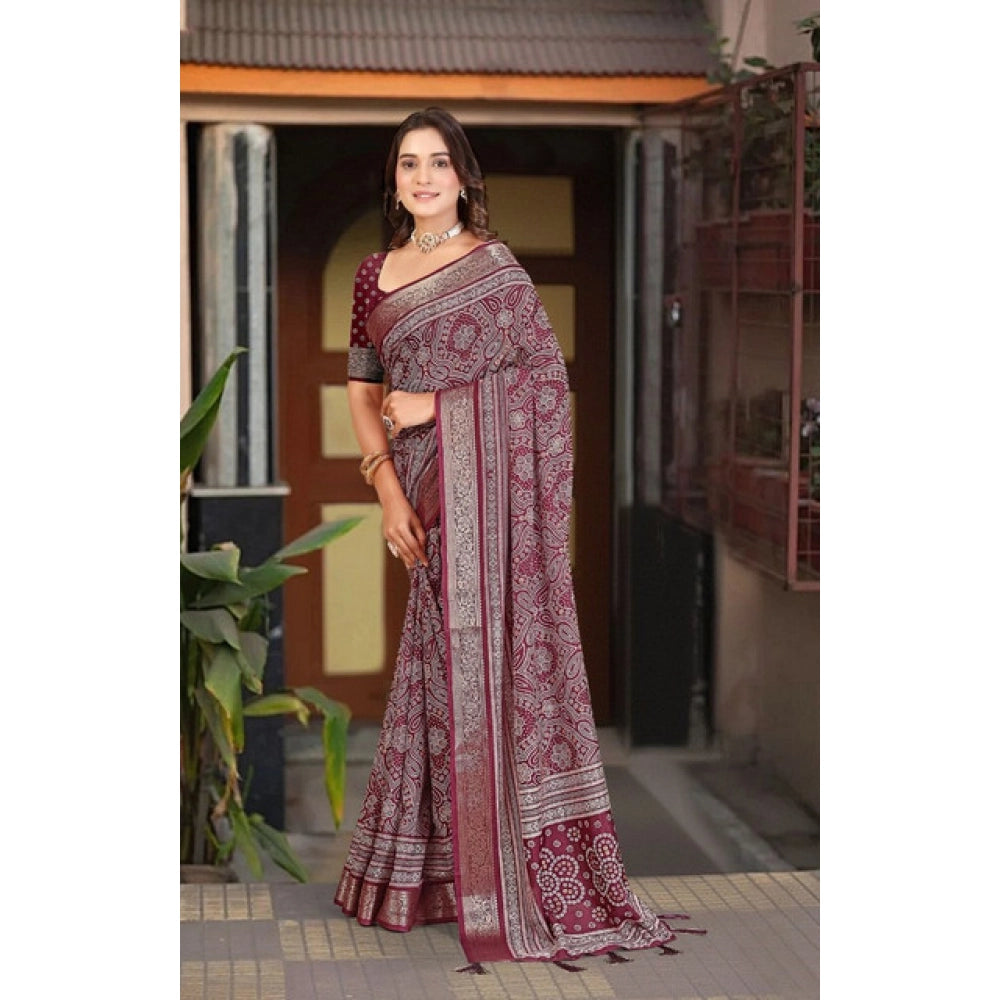 Generic Women's Cotton Silk Floral Printed Saree With Unstitched Blouse 5.5Mtr (Maroon)