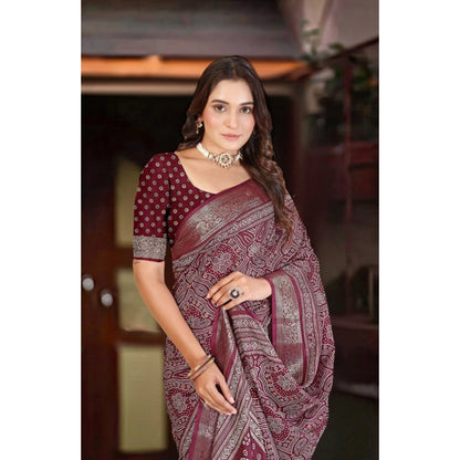 Generic Women's Cotton Silk Floral Printed Saree With Unstitched Blouse 5.5Mtr (Maroon)