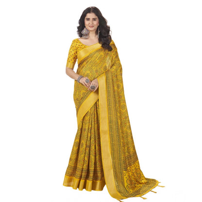Generic Women's Cotton Silk Floral Printed Saree With Unstitched Blouse 5.5Mtr (Yellow)
