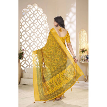 Generic Women's Cotton Silk Floral Printed Saree With Unstitched Blouse 5.5Mtr (Yellow)