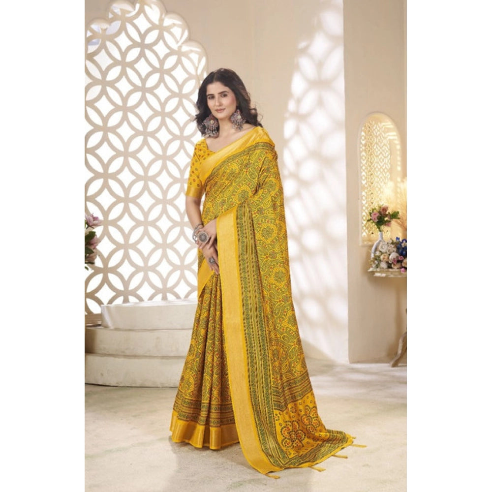 Generic Women's Cotton Silk Floral Printed Saree With Unstitched Blouse 5.5Mtr (Yellow)