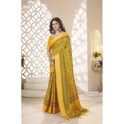 Generic Women's Cotton Silk Floral Printed Saree With Unstitched Blouse 5.5Mtr (Yellow)