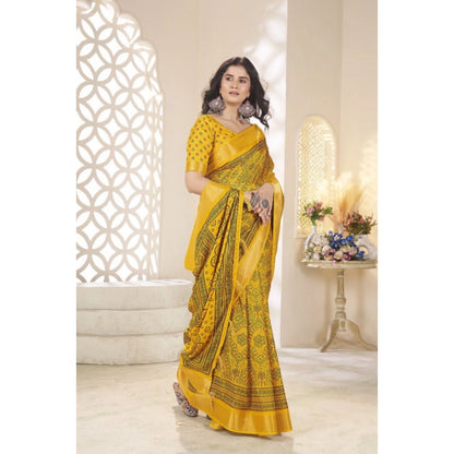 Generic Women's Cotton Silk Floral Printed Saree With Unstitched Blouse 5.5Mtr (Yellow)