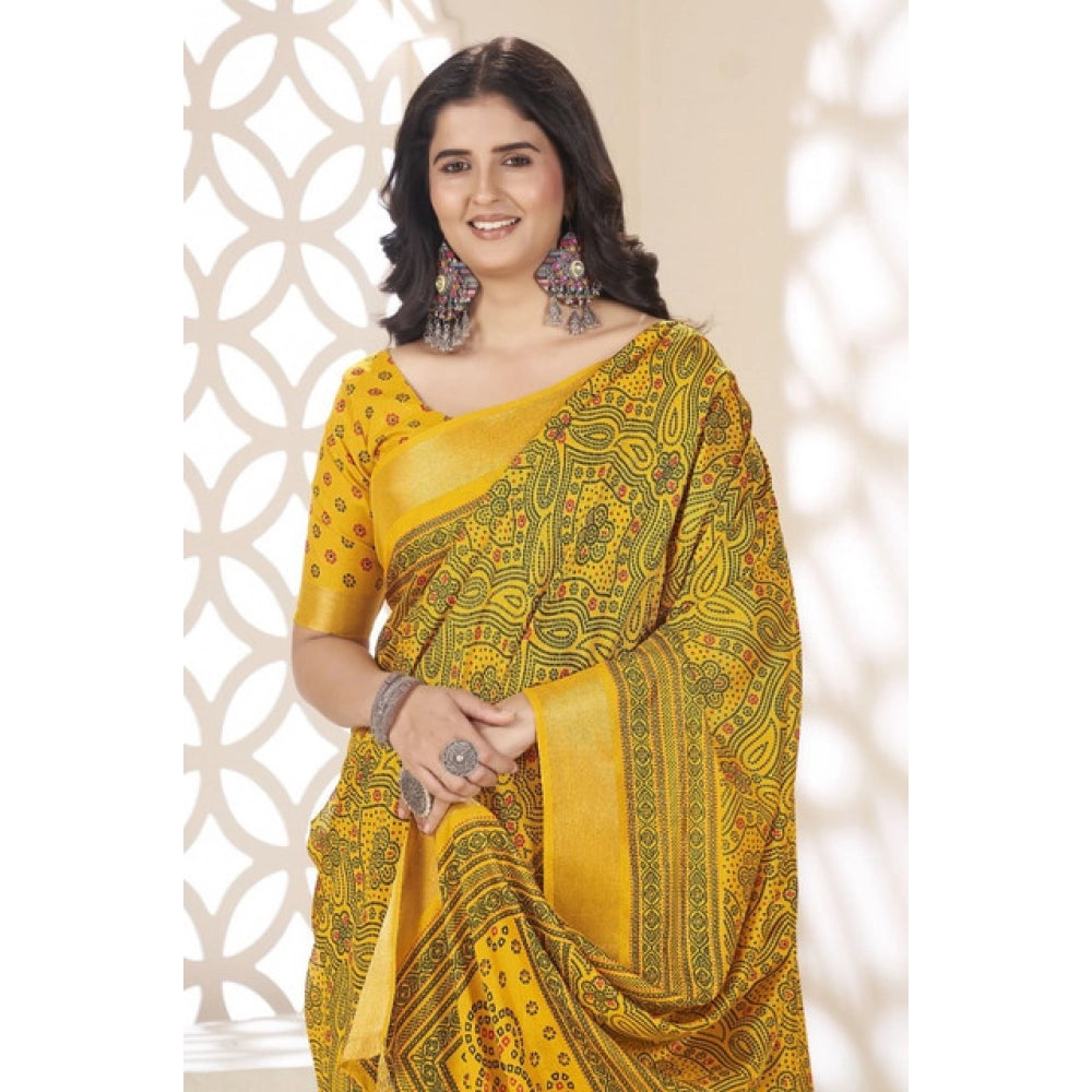 Generic Women's Cotton Silk Floral Printed Saree With Unstitched Blouse 5.5Mtr (Yellow)