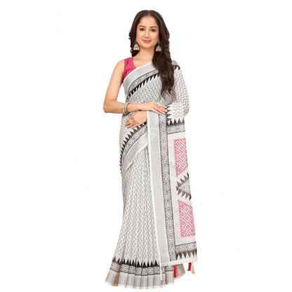 Generic Women's Linen Printed Saree With Unstitched Blouse 5.5Mtr (Multicolor)