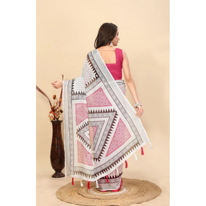 Generic Women's Linen Printed Saree With Unstitched Blouse 5.5Mtr (Multicolor)
