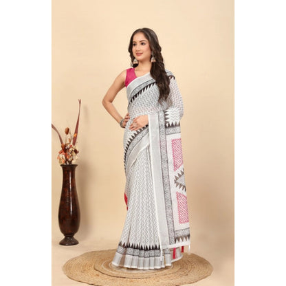 Generic Women's Linen Printed Saree With Unstitched Blouse 5.5Mtr (Multicolor)