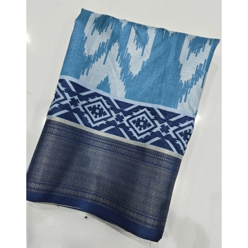 Generic Women's Cotton Silk Printed Saree With Unstitched Blouse 5.5Mtr (Blue)