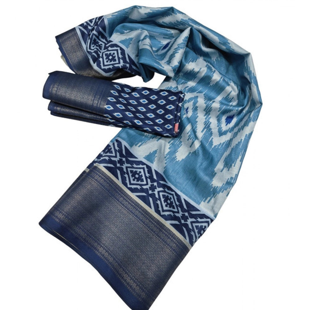Generic Women's Cotton Silk Printed Saree With Unstitched Blouse 5.5Mtr (Blue)