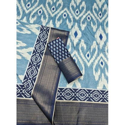 Generic Women's Cotton Silk Printed Saree With Unstitched Blouse 5.5Mtr (Blue)