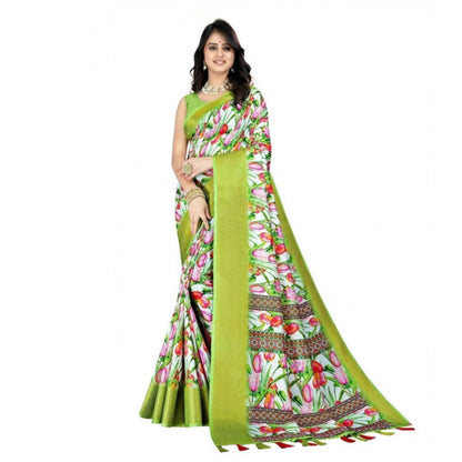 Generic Women's Cotton Silk Floral Printed Saree With Unstitched Blouse 5.5Mtr (Green-White)