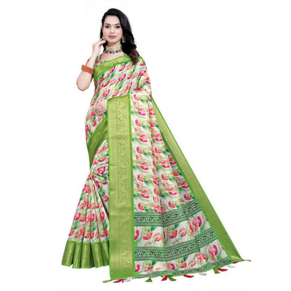 Generic Women's Cotton Silk Floral Printed Saree With Unstitched Blouse 5.5Mtr (Green-White)