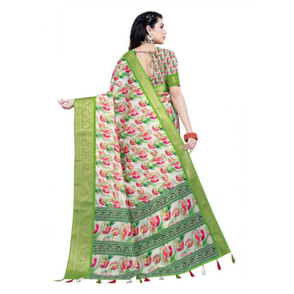 Generic Women's Cotton Silk Floral Printed Saree With Unstitched Blouse 5.5Mtr (Green-White)