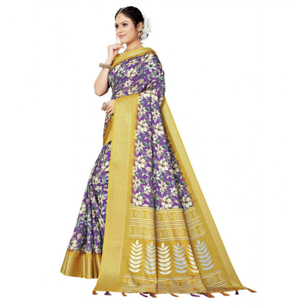 Generic Women's Cotton Silk Floral Printed Saree With Unstitched Blouse 5.5Mtr (Purple)
