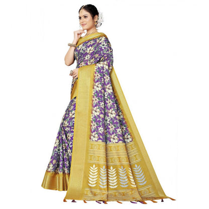 Generic Women's Cotton Silk Floral Printed Saree With Unstitched Blouse 5.5Mtr (Purple)