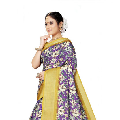 Generic Women's Cotton Silk Floral Printed Saree With Unstitched Blouse 5.5Mtr (Purple)