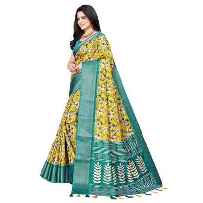 Generic Women's Cotton Silk Floral Printed Saree With Unstitched Blouse 5.5Mtr (Yellow)