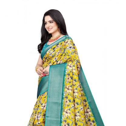 Generic Women's Cotton Silk Floral Printed Saree With Unstitched Blouse 5.5Mtr (Yellow)