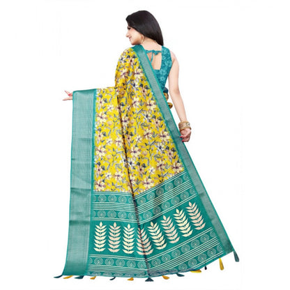 Generic Women's Cotton Silk Floral Printed Saree With Unstitched Blouse 5.5Mtr (Yellow)
