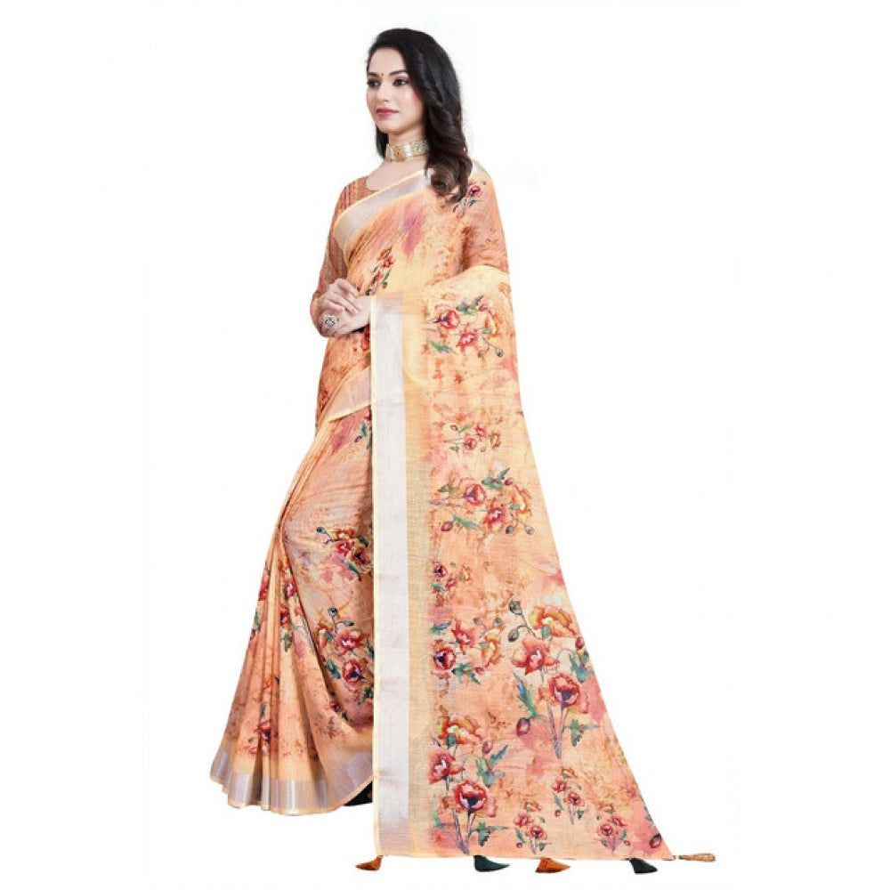 Generic Women's Cotton Silk Floral Printed Saree With Unstitched Blouse 5.5Mtr (Peach)