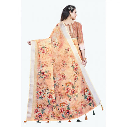 Generic Women's Cotton Silk Floral Printed Saree With Unstitched Blouse 5.5Mtr (Peach)